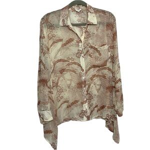 CLUB MONACO Silk asymmetrical button down blouse ROOSTER Bird Novelty sz Small